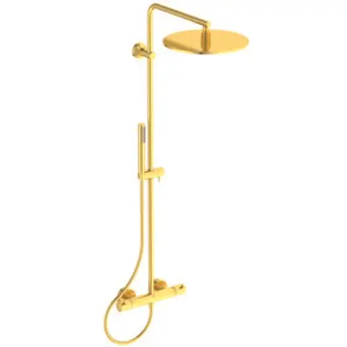 Duschsystem in gebürstetem Gold mit grauem Handbrausegriff und Verbindungsrohren. Produkt von Ideal Standard, modernes Design für das Badezimmer.